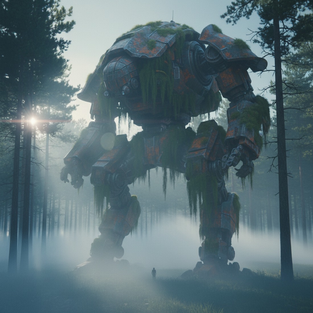 Towering battle-worn mech standing dormant in a misty pine forest at dawn, moss and rust on its armor, soft fog wrapping around its legs, a tiny human silhouette below for scale, cold cinematic light with subtle lens flare, muted greens and steel tones, epic sci-fi realism, ultra-detailed weathering, shot on cinema lens. 16:9 aspect ratio