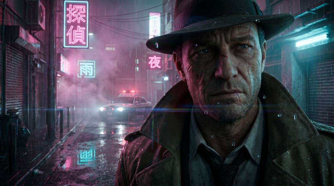 Cinematic close-up of a weathered detective standing in a rain-soaked Tokyo alley at night, neon kanji signs reflecting in wet asphalt, volumetric fog catching pink and cyan light, shallow depth of field, water droplets frozen mid-air, anamorphic lens flare, shot on ARRI Alexa, 35mm, moody high-contrast color grade, photorealistic, 8K. 16:9 aspect ratio