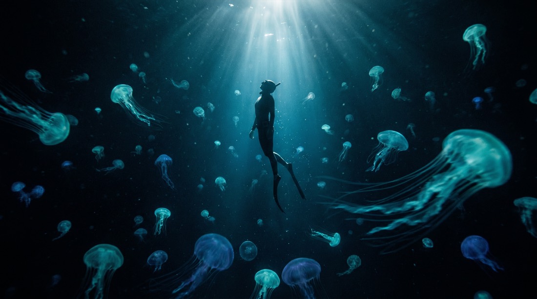 Underwater scene, a free diver suspended in deep dark ocean surrounded by glowing bioluminescent jellyfish, single shaft of moonlight from the surface, particles drifting, the diver's silhouette backlit, teal and indigo tones, dreamlike and serene, motion blur on the trailing jellyfish tentacles, cinematic, hyperrealistic. 16:9 aspect ratio