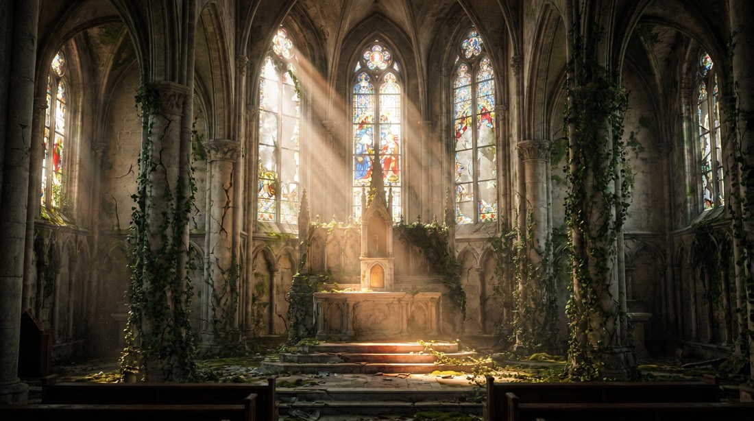 Interior of an abandoned gothic cathedral, sunbeams streaming through shattered stained glass, dust particles floating in the volumetric light, vines creeping up cracked stone pillars, a single beam of warm light hitting the altar, symmetrical wide composition, melancholic and reverent mood, hyperdetailed textures, photorealistic. 16:9 aspect ratio