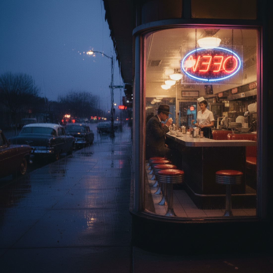 1950s American diner at night, a single figure sitting at the counter seen from outside through rain-streaked glass, warm interior glow contrasting cold blue exterior, neon "OPEN" sign reflecting in puddles, Edward Hopper inspired composition, cinematic melancholy, film grain, anamorphic, photorealistic. 16:9 aspect ratio