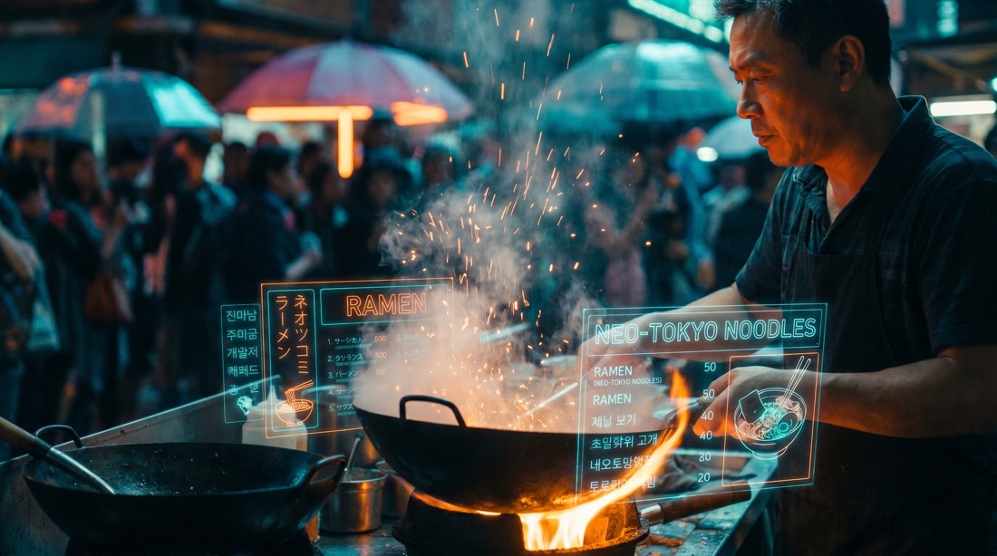 Tight cinematic shot of steam rising from a sizzling street food wok in a crowded cyberpunk market, holographic menus glowing, vendor's face lit by orange flame, bokeh crowd of neon umbrellas behind, sparks and steam frozen mid-motion, shallow focus, Blade Runner 2049 color grade, photoreal, dramatic rim lighting. 16:9 aspect ratio