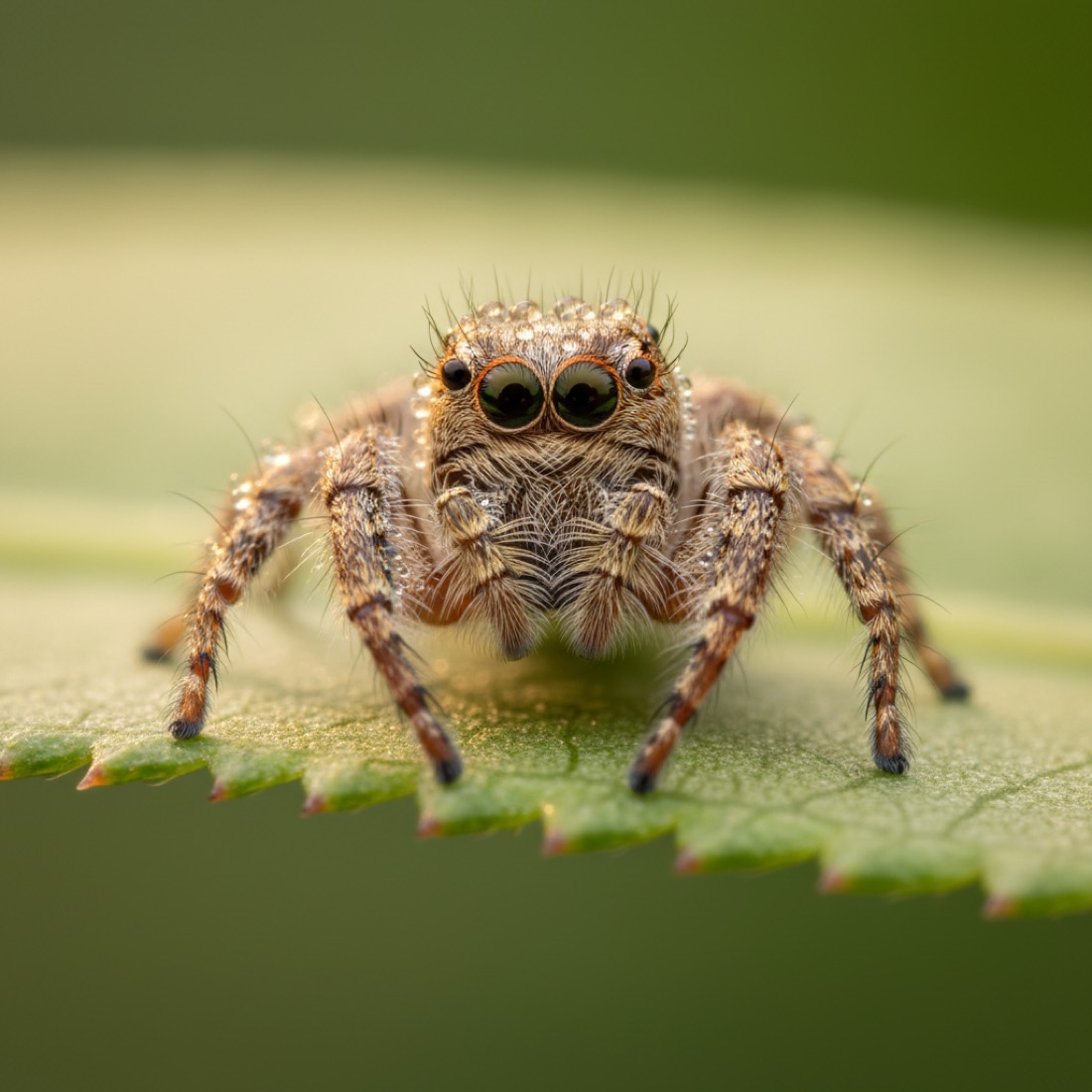 Extreme macro of a dew-covered jumping spider on a leaf at dawn, every hair and water droplet razor sharp, iridescent eyes reflecting golden morning light, soft creamy bokeh background, shallow depth of field, nature documentary cinematic quality, hyperrealistic, BBC Planet Earth aesthetic. 16:9 aspect ratio