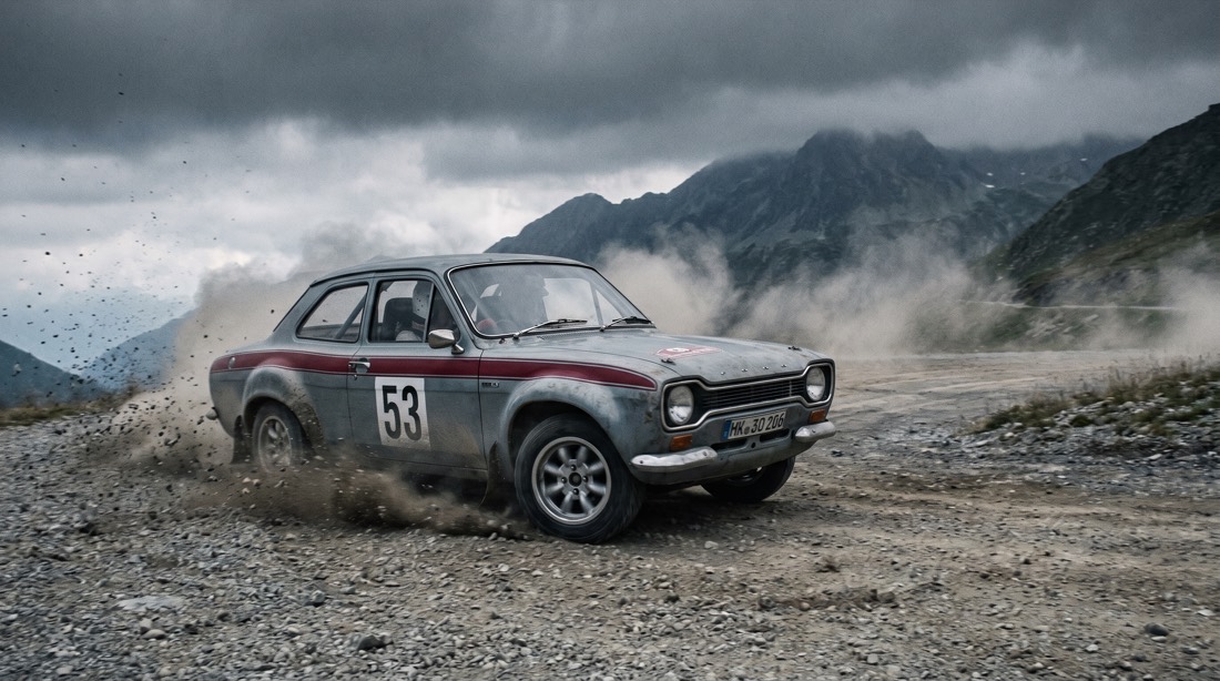 A vintage race car drifting around a mountain corner, gravel and dust exploding outward in frozen mid-air spray, low-angle dynamic shot, motion blur on the wheels but sharp body, dramatic overcast sky, cold desaturated tones with a punch of red on the car, cinematic action still, shot on telephoto, ultra sharp. 16:9 aspect ratio