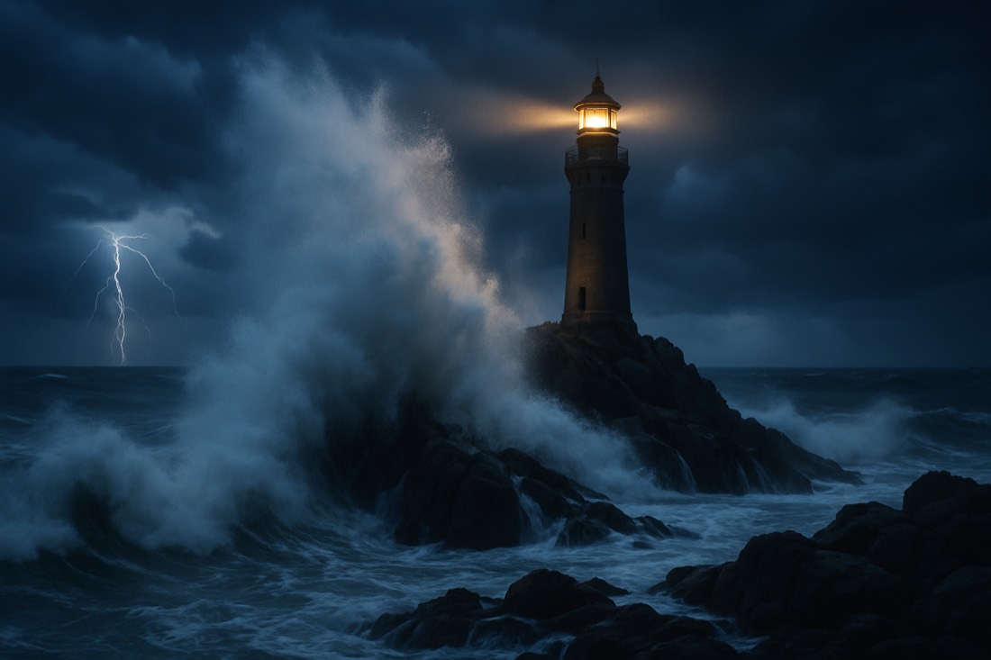 Dramatic seascape, a lone lighthouse on jagged rocks being battered by a massive crashing wave at dusk, spray and mist exploding upward, beam of light cutting through dark storm clouds, lightning in the distance, moody blue-grey palette with warm beacon glow, long-exposure feel on the water, epic cinematic scale. 16:9 aspect ratio